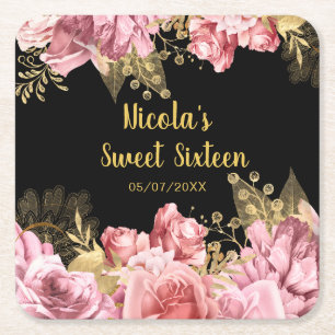 Elegant Pink and Gold Flowers Sweet Sixteen Square Paper Coaster