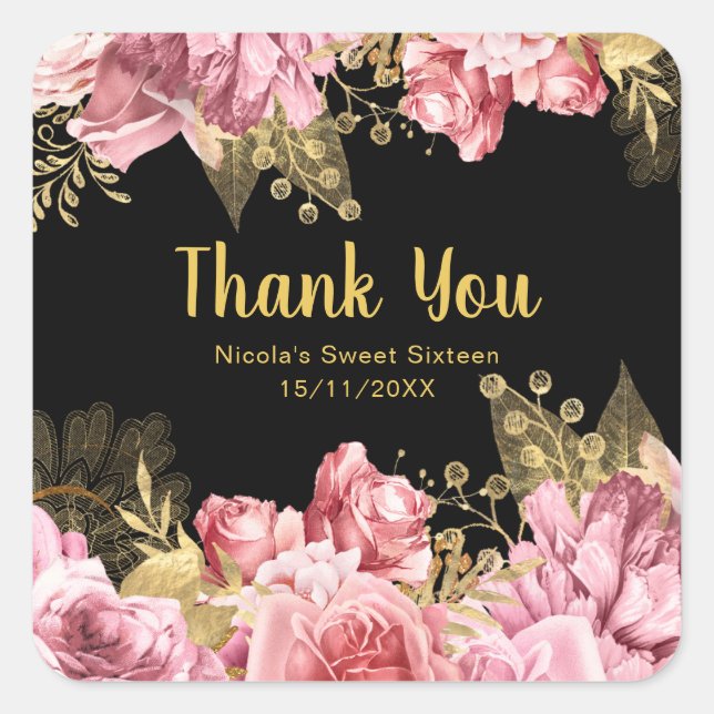 Elegant Pink and Gold Flowers Sweet Sixteen  Square Sticker (Front)