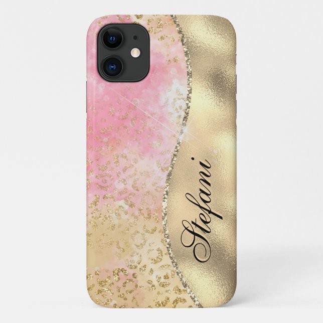 Elegant Pink and Gold Foil Leopard Personized Case-Mate iPhone Case (Back)