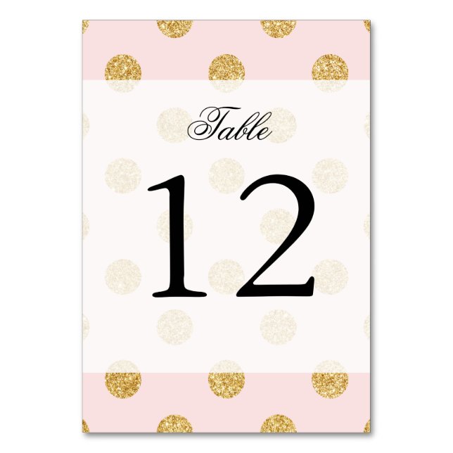 Elegant Pink And Gold Glitter Polka Dots Pattern Table Number (Front)