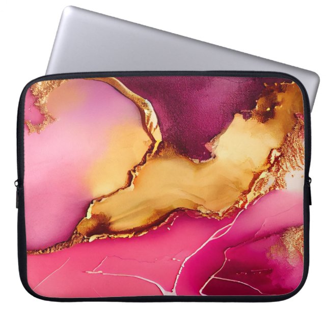 Elegant Pink and Gold Marble Design Laptop Sleeve (Front)