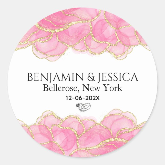 Elegant Pink and Gold Modern Wedding  Classic Round Sticker (Front)