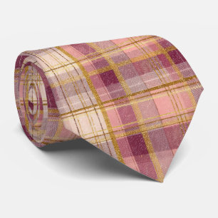 Elegant Pink and Gold Plaid Gingham Pattern Tie