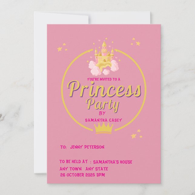 Elegant Pink and Gold Princess Party Invitation (Front)