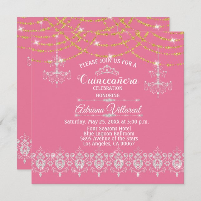 Elegant Pink and Gold Quinceañera Invitation (Front/Back)