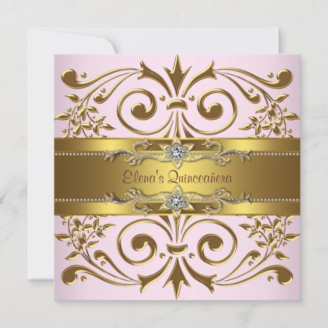 Elegant Pink and Gold Quinceanera Invitations (Front)