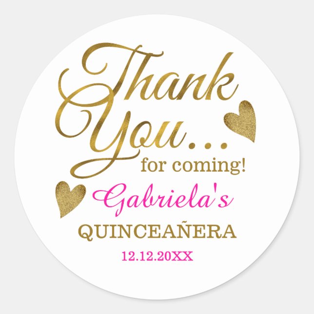 Elegant Pink And Gold Quinceanera Thank You Classic Round Sticker (Front)