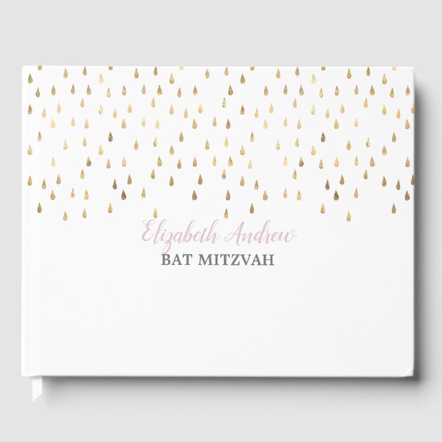 Elegant Pink and Gold Raindrops Bat Mitzvah Guest Book (Front)