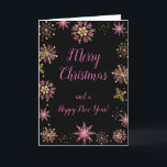 Elegant Pink and Gold Snowflakes Merry Christmas Holiday Card<br><div class="desc">A beautiful Christmas card design featuring elegant pink and gold snowflakes on a black background. Inside there is a space for a message. A perfect way to greet your friends and relatives in this festive season. The page background colours and the text can be changed to suit your own requirements....</div>