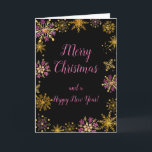 Elegant Pink and Gold Snowflakes Merry Christmas Holiday Card<br><div class="desc">A beautiful Christmas card design featuring elegant pink and gold snowflakes on a black background. Inside there is a space for a message. A perfect way to greet your friends and relatives in this festive season. The page background colours and the text can be changed to suit your own requirements....</div>