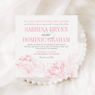 Elegant Pink and Gray Floral Peony Wedding Invitation