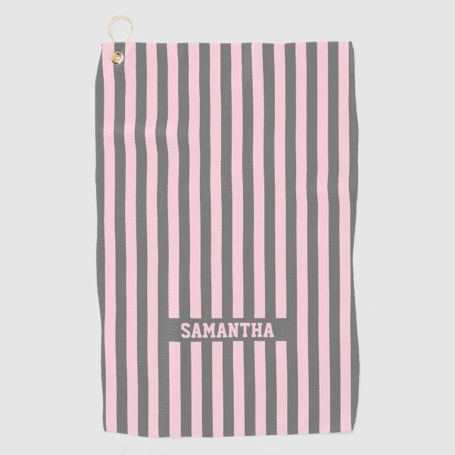 Elegant Pink and Gray stripes Monogrammed custom Golf Towel (Front)
