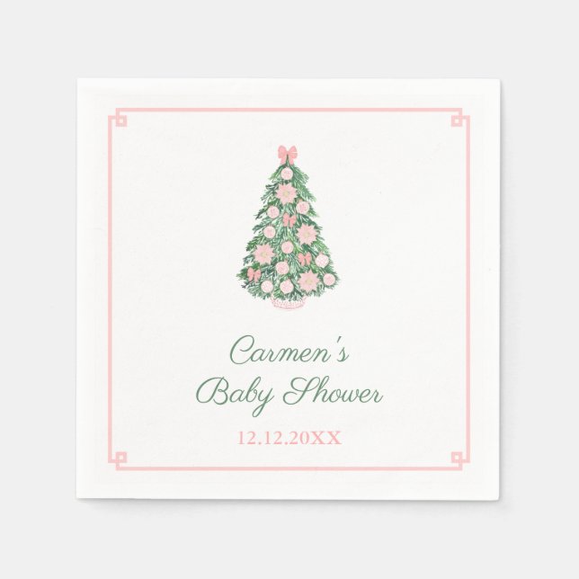 Elegant Pink And Green Christmas Tree Baby Shower Napkin (Front)