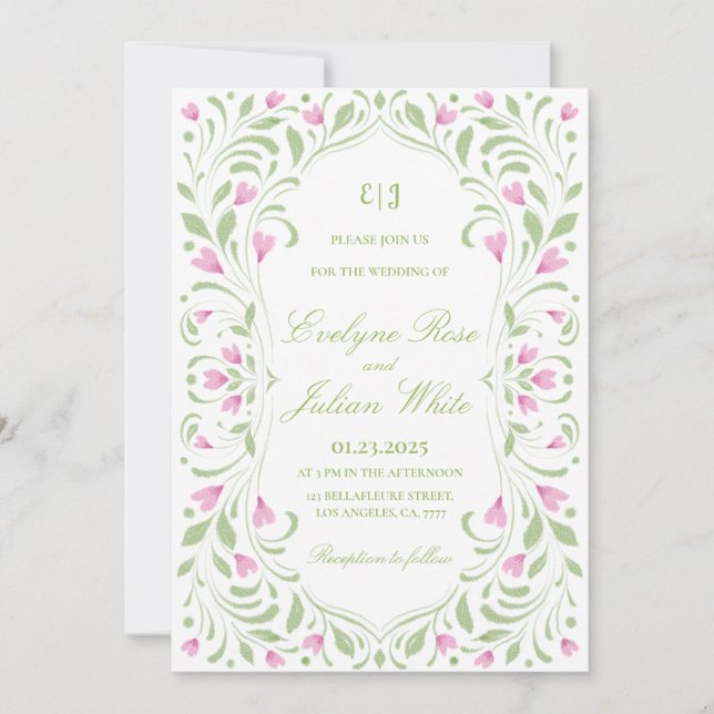 Elegant Pink and Green Floral Wedding Invitation (Front)