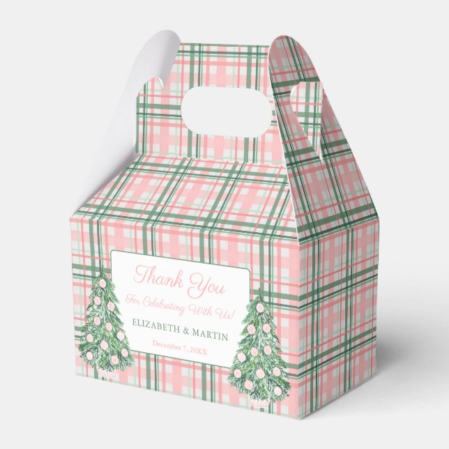 Elegant Pink And Green Plaid Holiday Tree Wedding Favor Box (Front Side)