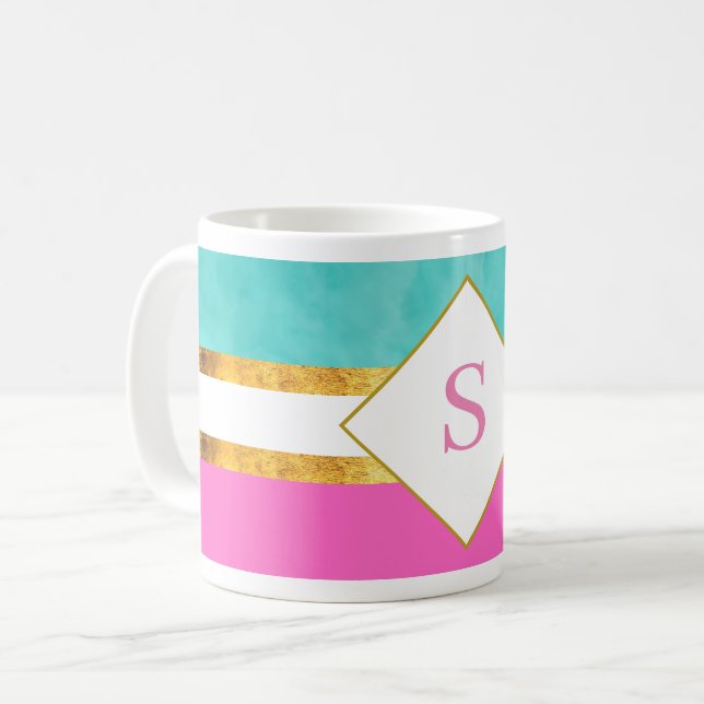 Elegant pink and green stripes with monogram coffee mug (Front Left)