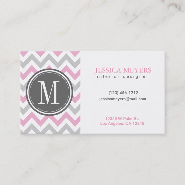 Elegant Pink and Grey Chevron with Monogram Business Card (Front)