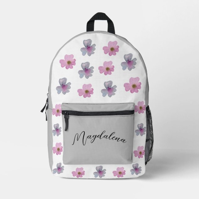 ELEGANT PINK AND GREY FLOWERS PATTERN  CUSTOM NAME PRINTED BACKPACK (Front)