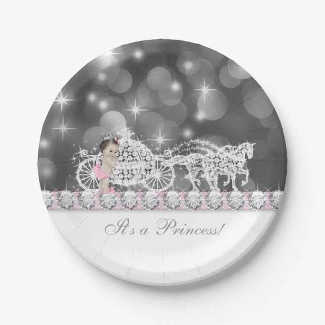 Elegant Pink and Grey Princess Baby Shower Paper Plate (Front)