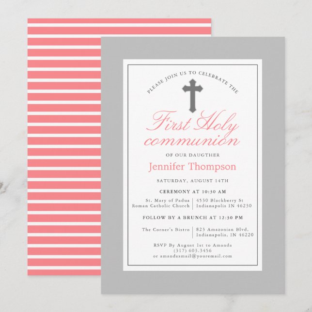 Elegant Pink and Grey Stripes First Communion Invitation (Front/Back)