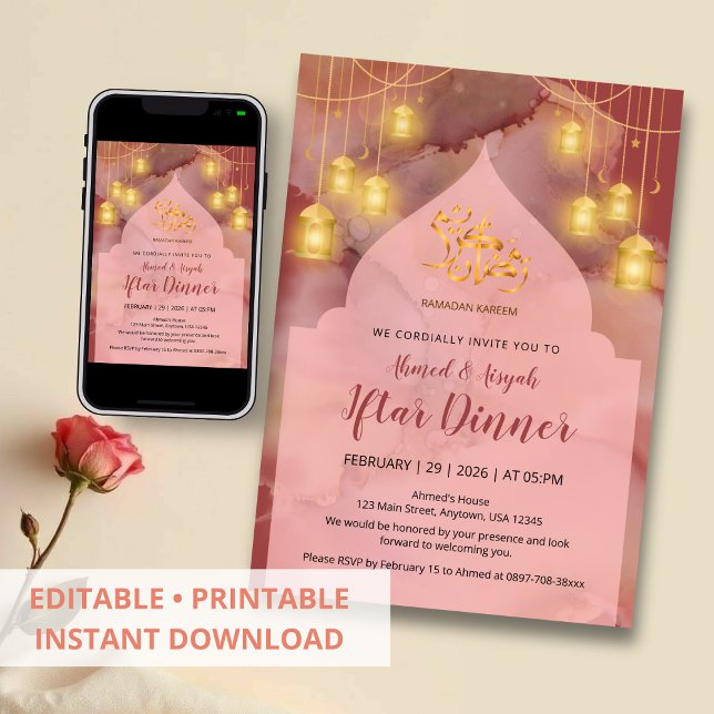 Elegant Pink and Maroon gold Ink Iftar Invitation (Creator Uploaded)