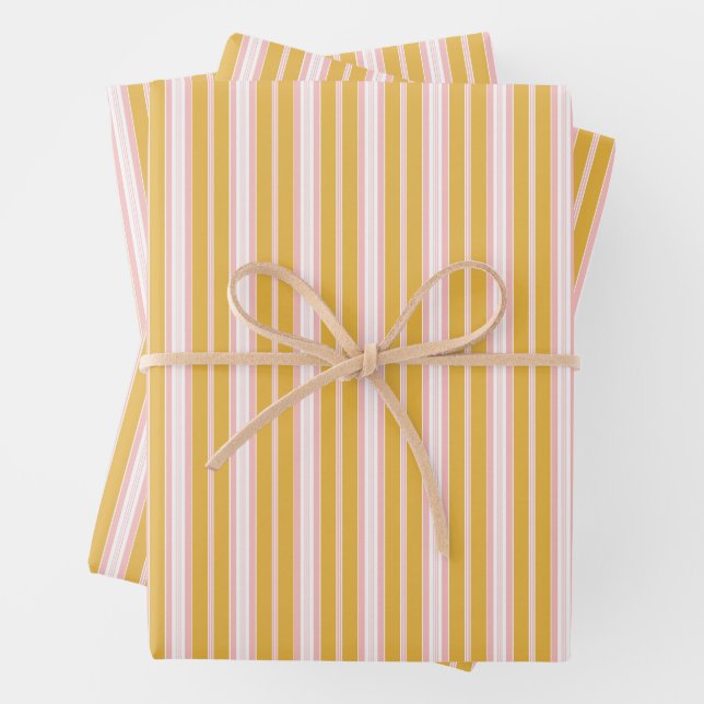 Elegant Pink and Mustard French Ticking Stripes Wrapping Paper Sheet (In situ)