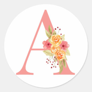 Elegant Pink and Orange Flower Monogram A Classic Round Sticker