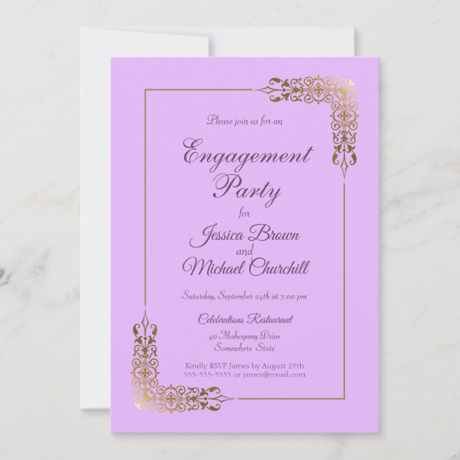 Elegant Pink and Ornate Gold Lace Engagement Party Invitation (Front)