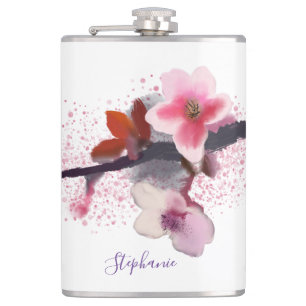 Elegant Pink and Purple Cherry Blossom Hip Flask