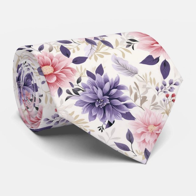 Elegant Pink and Purple Floral Neck Tie (Rolled)