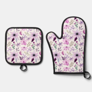 Elegant Pink and Purple Flower Pattern Oven Mitt & Pot Holder Set