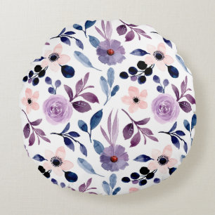 Elegant Pink and Purple Flower Pattern Round Pillo Pillow