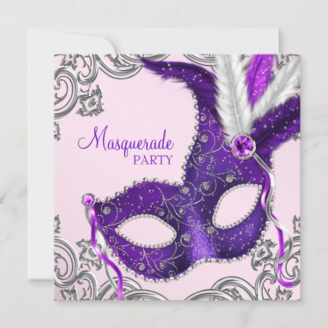 Elegant Pink and Purple Masquerade Party Invitation (Front)