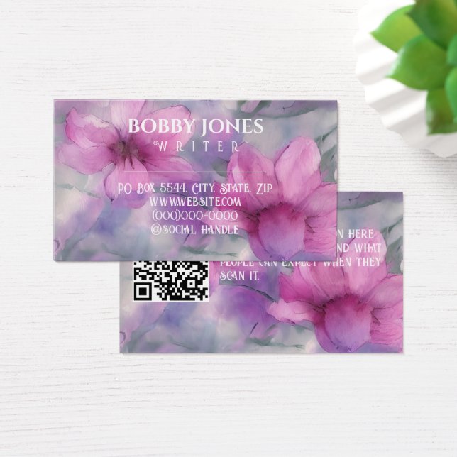 Elegant Pink and Purple Watercolor Floral QR code (Desk)