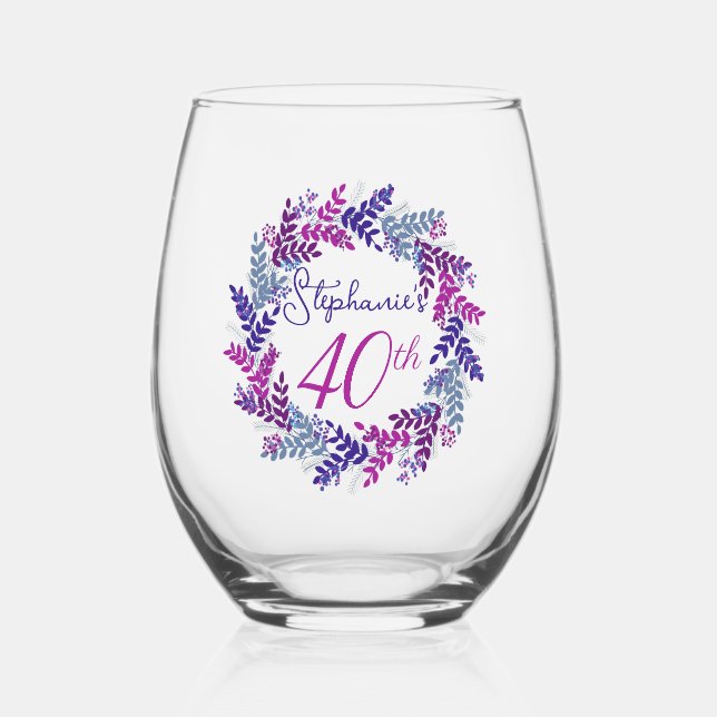 Elegant Pink and Purple Wreath 40th Birthday Party Stemless Wine Glass (Front)