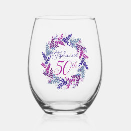 Elegant Pink and Purple Wreath 50th Birthday Party Stemless Wine Glass
