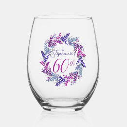 Elegant Pink and Purple Wreath 60th Birthday Party Stemless Wine Glass