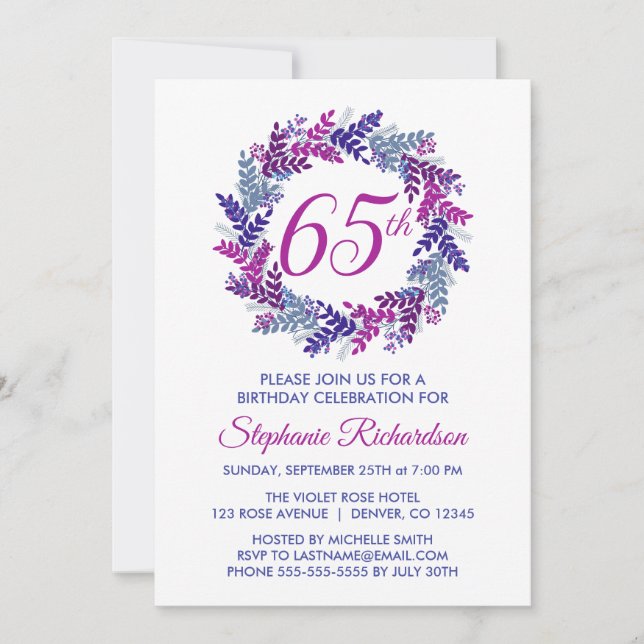 Elegant Pink and Purple Wreath 65th Birthday Invitation (Front)