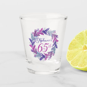 Elegant Pink and Purple Wreath 65th Birthday Party Shot Glass