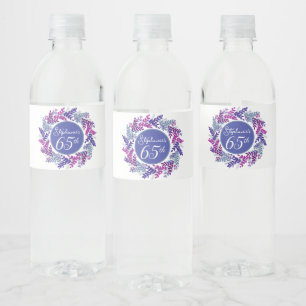 Elegant Pink and Purple Wreath 65th Birthday Water Bottle Label