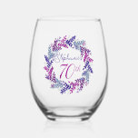 Elegant Pink and Purple Wreath 70th Birthday Party Stemless Wine Glass<br><div class="desc">Elegant Pink and Purple 70th Birthday Party Wine Glass This is a special unique elegant pink and purple wreath Birthday Party Wine Glass specially designed for your friends who are turning 70. Personalize this birthday wine glass with their name. Pair this wine glass with a personalized wine label and bottle...</div>