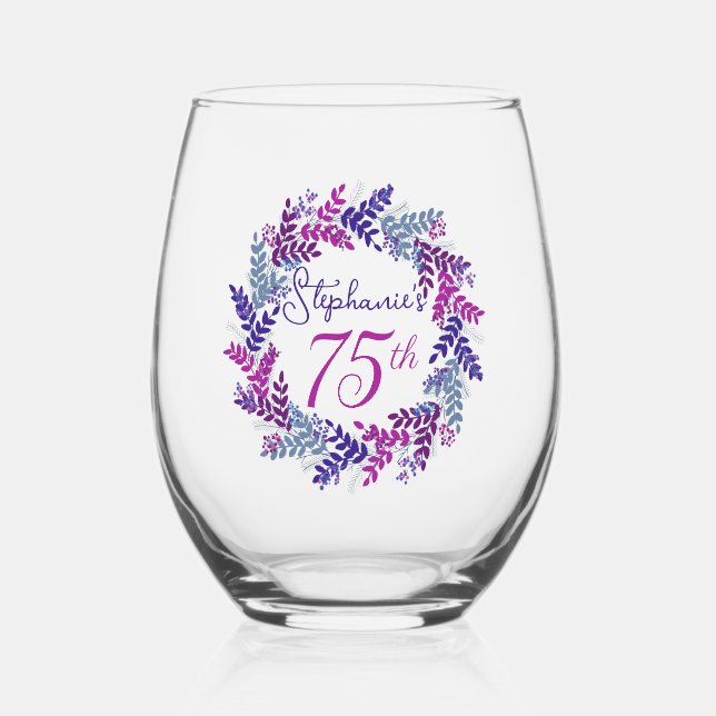 Elegant Pink and Purple Wreath 75th Birthday Party Stemless Wine Glass (Front)