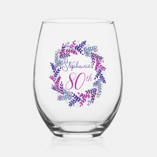 Elegant Pink and Purple Wreath 80th Birthday Party Stemless Wine Glass