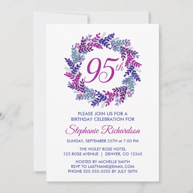 Elegant Pink and Purple Wreath 95th Birthday Invitation (Front)