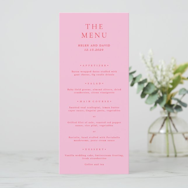 Elegant Pink and Red Classic Wedding Menu (Standing Front)