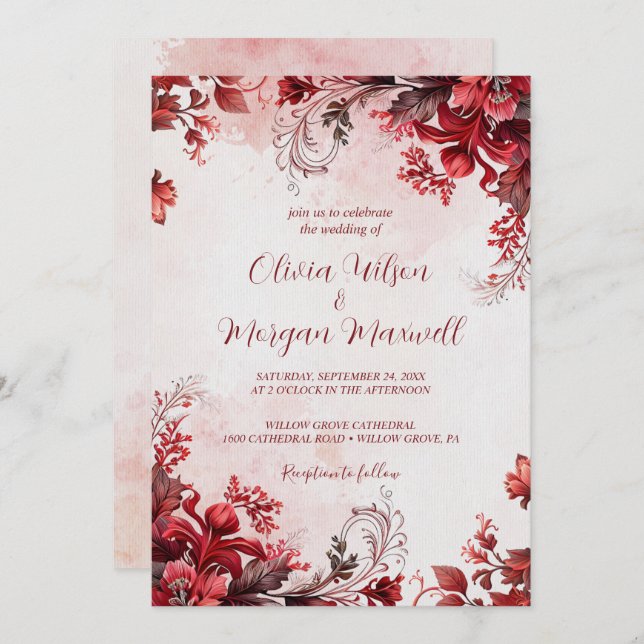Elegant Pink and Red Floral Wedding  Invitation (Front/Back)
