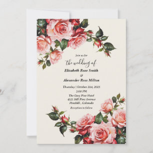 Elegant pink and red roses floral wedding invitation