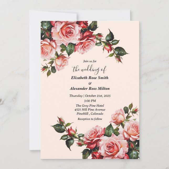 Elegant pink and red roses floral wedding invitation (Front)