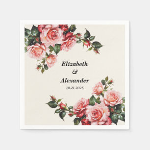 Elegant pink and red roses floral wedding napkin