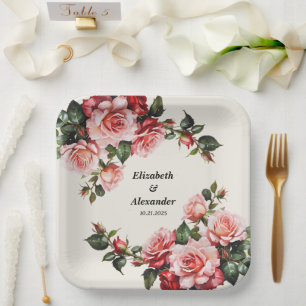 Elegant pink and red roses floral wedding paper plate
